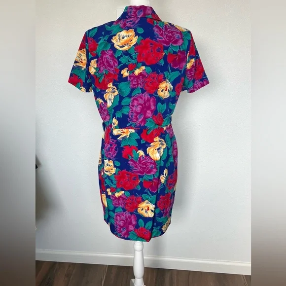 Vintage 90's Positive Attitude Women's Vibrant Floral Faux Wrap Dress Size 14P - Picture 11 of 11